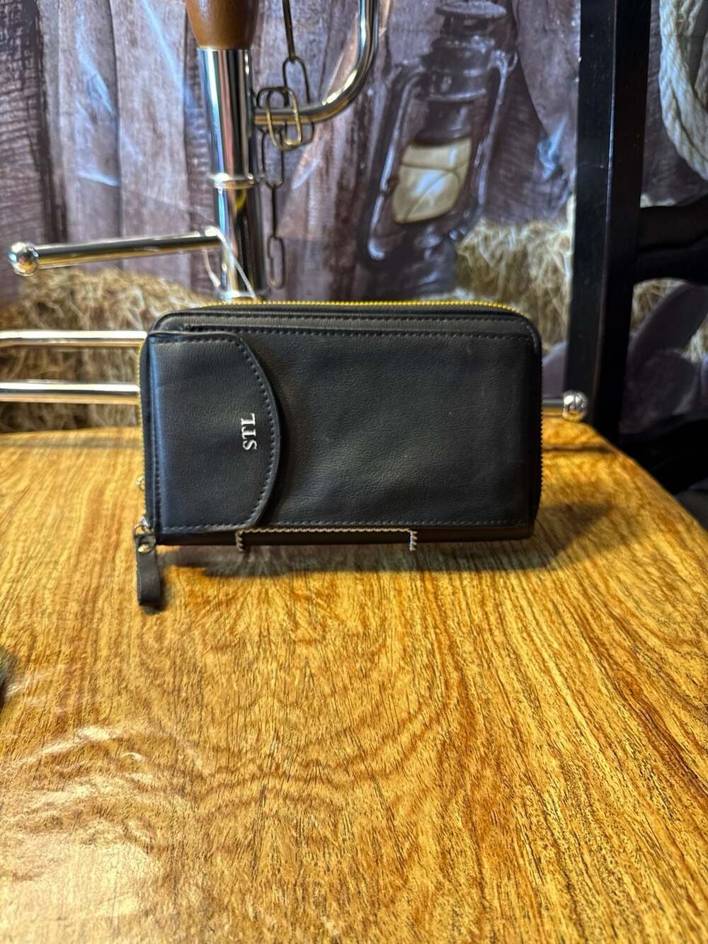 STL Black Faux Leather Zip-Around Crossbody Wallet Clutch with Phone Pocket
